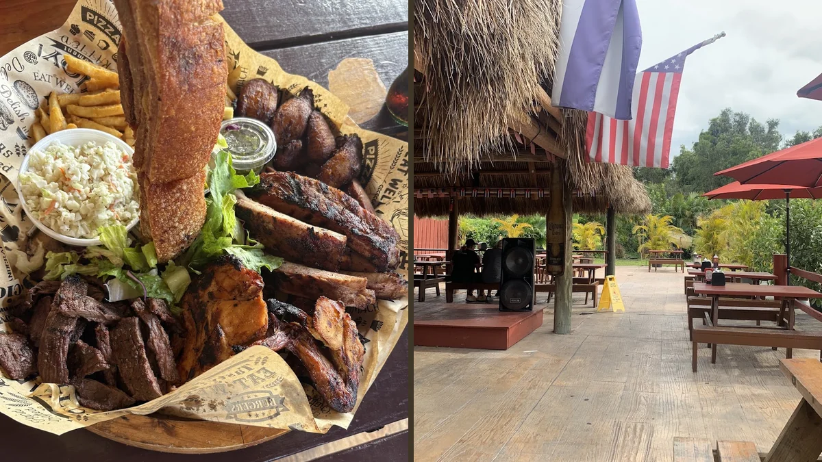 Relaxed barbecue spot with indoor and outdoor seating.